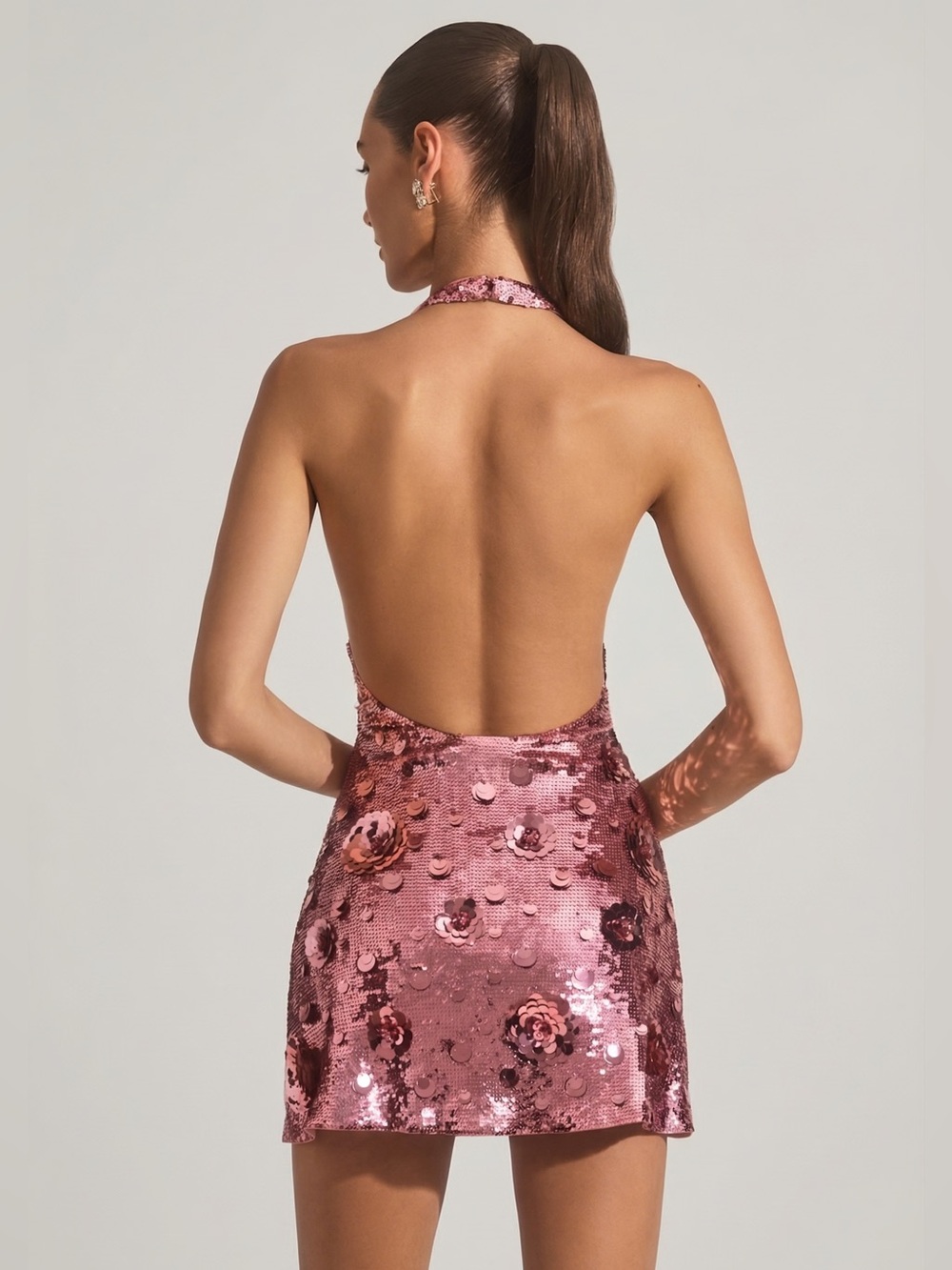 Oh Polly Rose Pink Sequin Halter Mini Dress - Picture 2 of 5